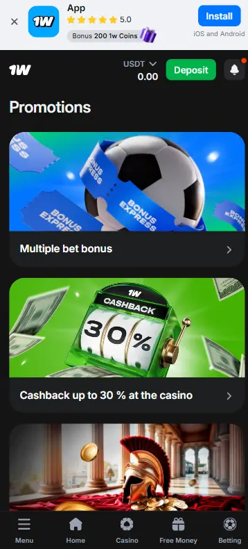 1win official app bonuses