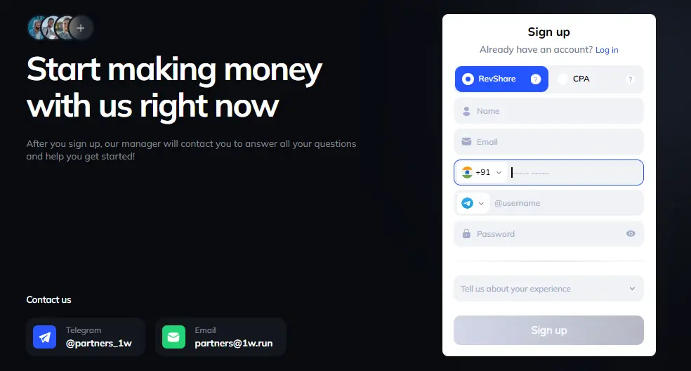 1win affiliate sign up