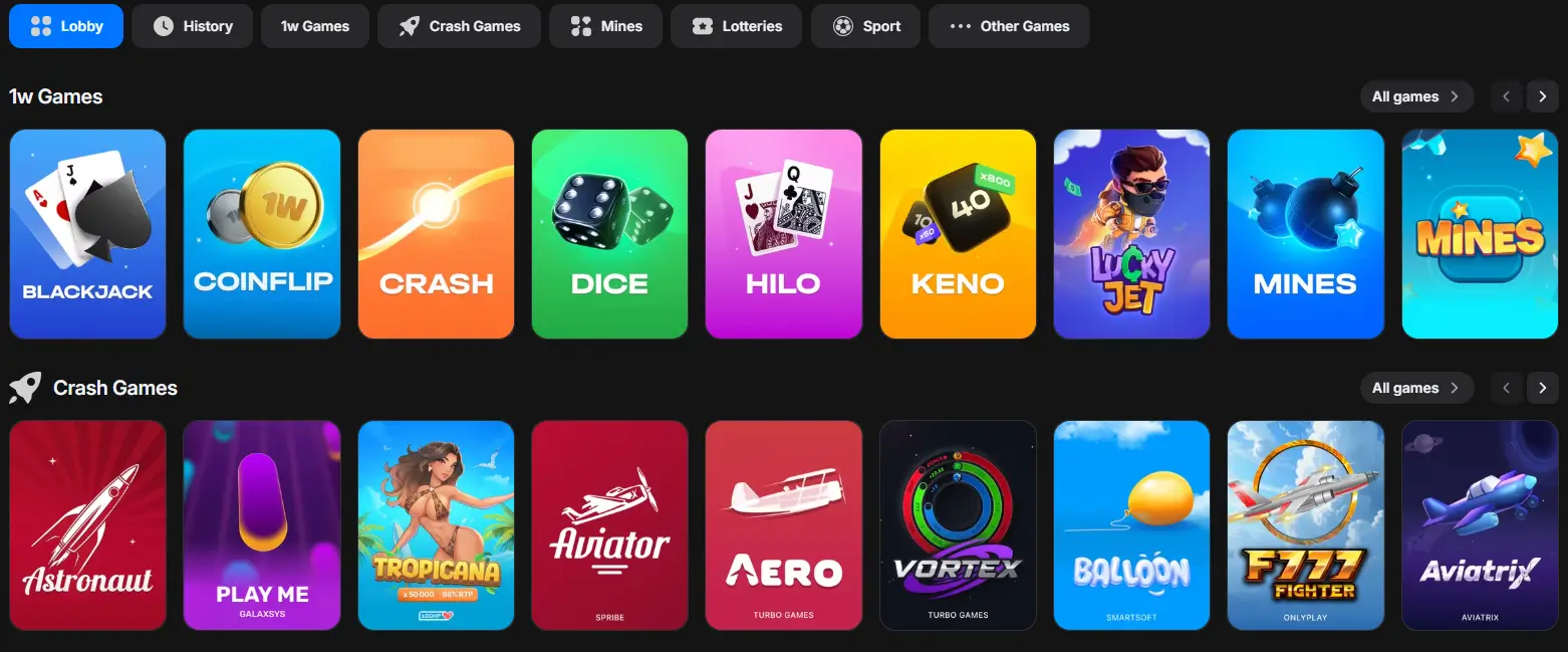 1win casino games section