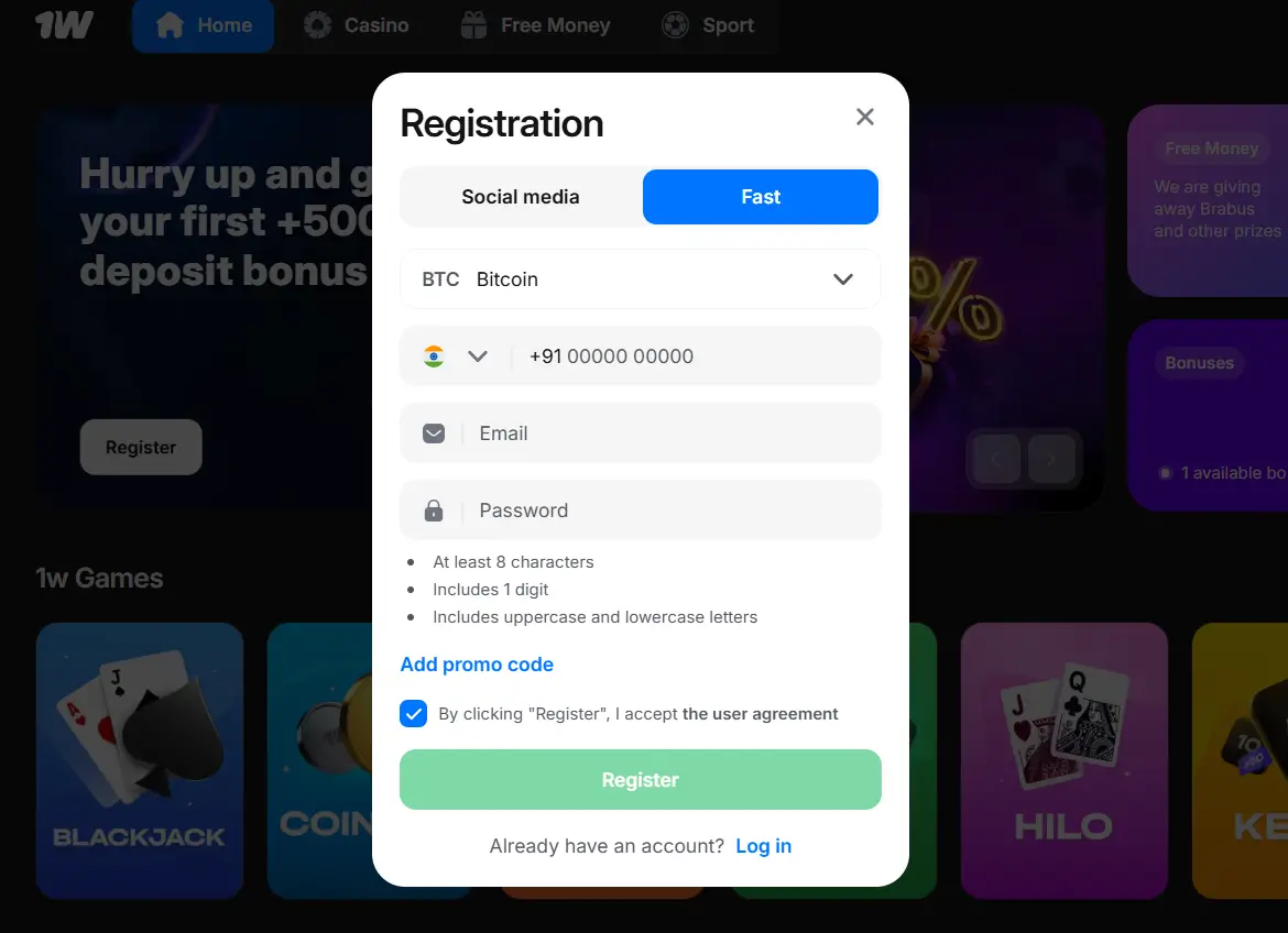 Register on 1win platform